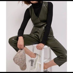Anthropologie Adrian Faux Leather Green Jumpsuit